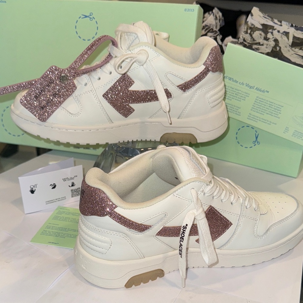 Off-White Women's Sneakers - White and Pink Glitter